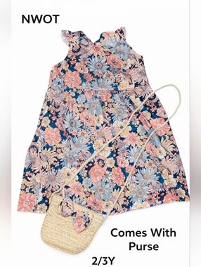 2/3Y NWOT Girls Floral Navy Sundress w/ Straw Purse - Navy/Coral/Light Blue